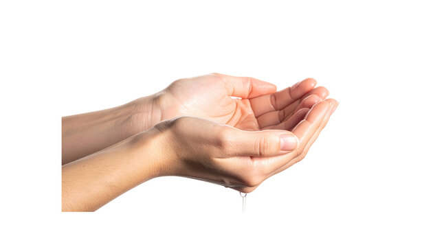 Cupped female hands catching fresh clean water dripping through fingers isolated on a transparent background