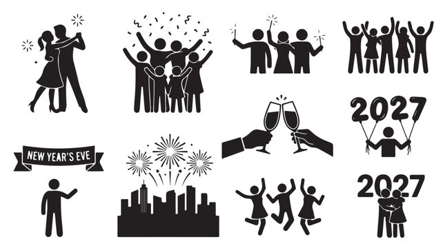 New Year's Eve 2027 celebration icons, party people silhouettes and fireworks set, black vector pictograms for holiday events