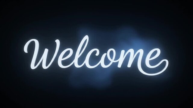Elegant white glowing script WELCOME text writing animation with soft blue light and smoke on dark background