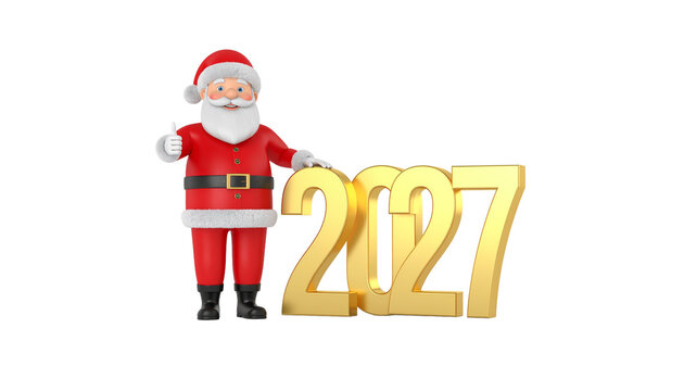 3D Santa Claus character standing next to golden 2027 numbers.