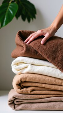 Hand gently touching soft natural fabrics, a stack of cozy blankets showcasing warmth and textile quality
