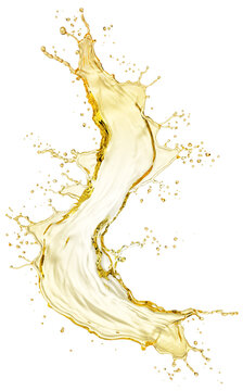 Golden oil splash isolated on white background. 3D illustration of premium luxury cosmetic liquid serum or gold essential oil.