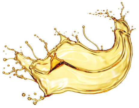 Golden oil splash isolated on white background. 3D illustration of premium luxury cosmetic liquid serum or gold essential oil.