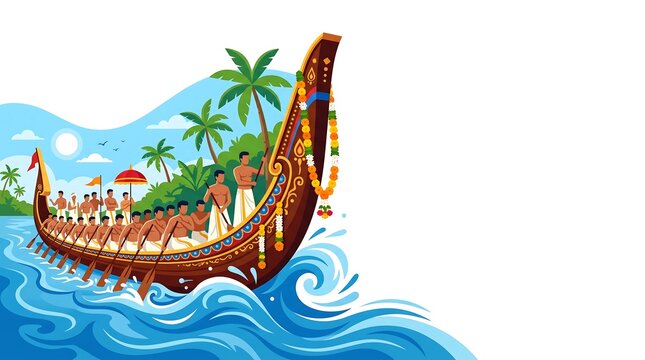 Happy Onam festival celebration with traditional Kerala snake boat race vector illustration