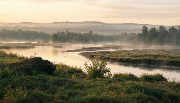 Misty river winding through grassy wetlands at sunrise with distant forested hills