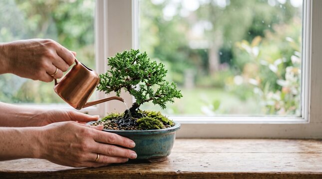 Hands watering bonsai tree