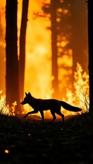 Fototapeta premium Fox running through burning forest during wildfire, embodying danger and survival against environmental disaster