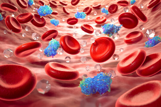 Medical 3D illustration of insulin molecules and glucose particles interacting with red blood cells.