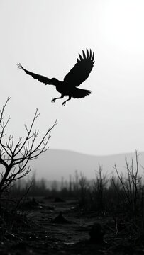 Silhouette bird taking flight over desolate landscape, representing environmental damage and despair