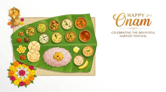 Happy Onam festival greeting layout with traditional sadhya meal served on banana leaf with oil lamp