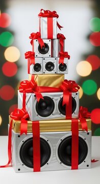Elegant stack of high-fidelity audio speakers wrapped as holiday presents with large red ribbon bows, set against a festive background, wrapped, seasonal, christmas
