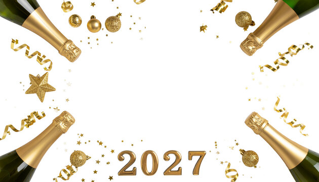 Four Champagne Bottles Surrounding 2027 New Year Celebration Theme.