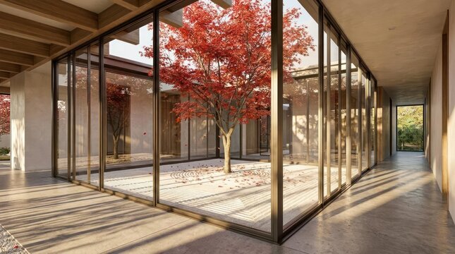 Minimalist courtyard with red maple tree and glass walls.