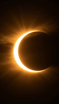 Moon obscuring sun, creating a glowing crescent during a dramatic solar eclipse, light rays spreading across the dark atmosphere