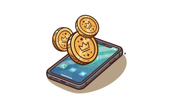 Animation motion graphic of a mobile app reward concept featuring gold crown coins emerging from a smartphone screen vector illustration.