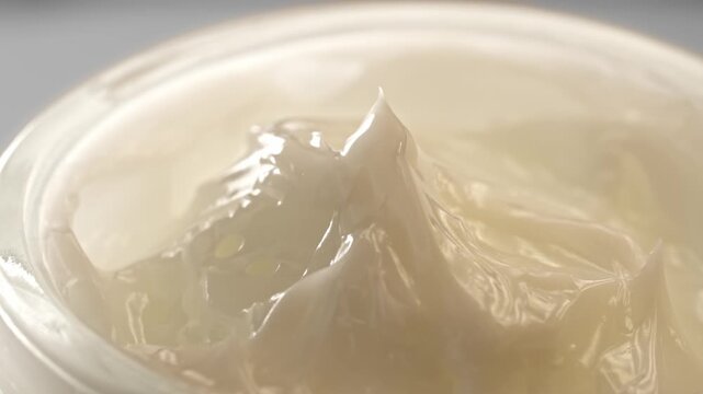 Luxury White Skincare Face Cream Thick Moisturizer Jar Glossy Smooth Texture Peak Macro Close Up Clean Background Beauty Cosmetic Commercial Video