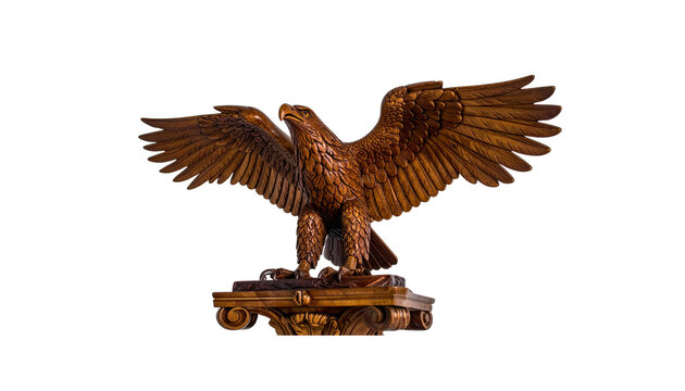 Majestic hand carved timber eagle figurine with detailed feathers and talons on a transparent background