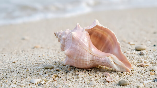 Beautiful pink conch shell resting on a sandy beach shore by the ocean