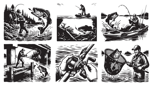 Vintage fishing woodcut illustrations, 6 black and white bass fishing scenes, retro angler vector set for outdoor apparel and logos