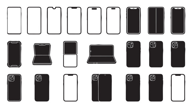 Minimalist smartphone line icons, 21 mobile device vector silhouettes, modern cellphone wireframe set for app UI design