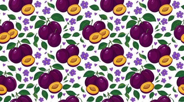 Vibrant plum fruit seamless pattern, fresh purple whole and halved plums with green leaves, small purple flowers, and tiny hearts on a white background, ideal for fabric or packaging design