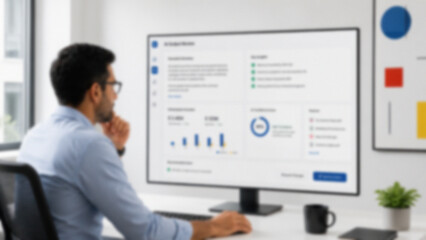 Fototapeta premium Blurred Employee Checking AI Output for Accuracy Before Sending to a Client.