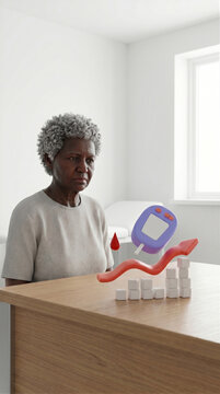 Sad senior african american woman sitting at table with glucometer, blood drop and rising sugar cubes graph. Diabetes risk concept. Blood glucose monitoring and healthcare for elderly people.