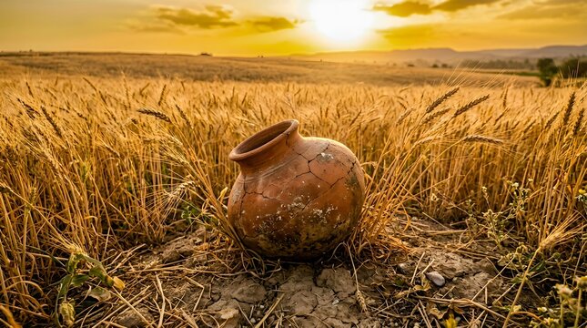 Cracked Clay Pot Sitting in Golden Wheat Field at Sunset