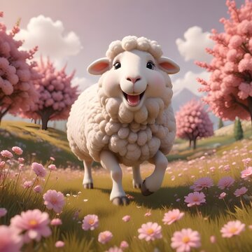 Urocza, puszysta, biała owca uśmiechająca się na magicznej łące pełnej r&oacute;żowych kwiat&oacute;w &ndash; fantastyczne zwierzę w stylu kresk&oacute;wki 3D