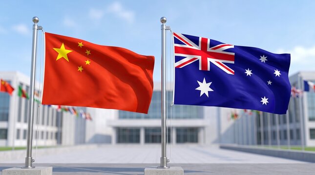 China and australia flags waving together on metal poles against a bright blue sky background