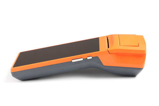 Orange payment terminal on white background