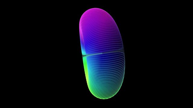 Abstract background with a colorful neon glowing line art torus rotating and morphing its shape on a seamless loop, vibrant animation with alpha channel for vj loops and overlays.