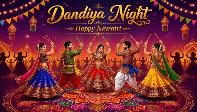 People performing garba dance in dandiya night celebration for navratri festival