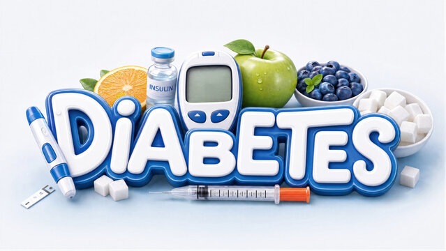Word diabetes with glucometer insulin vial syringe lancet and healthy fruits with sugar cubes on white background. Medical concept of blood sugar control and healthy nutrition for World Diabetes Day