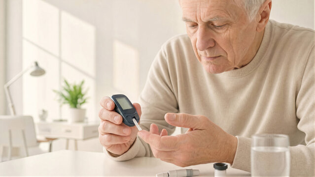 Senior man measuring blood sugar level with glucometer at home. Elderly male patient testing glucose with test strip. Diabetes control and healthcare monitoring concept for older people.