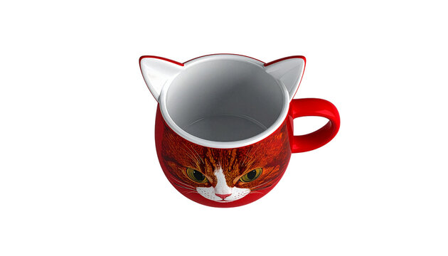 Cute grey cat shaped ceramic coffee mug with red ears and handle isolated on a transparent background