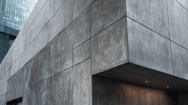Modern building facade presents textured gray panels, angular design, and architectural detail, forming a contemporary urban landscape