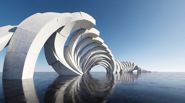 Modern white concrete arch sculpture in wave shape standing on reflective ground under clear blue sky 3d architectural rendering