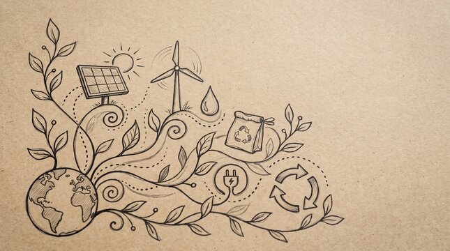 Hand drawn sustainability concept with solar panel, wind turbine, globe, recycling and leaves on kraft paper. Useful for renewable energy, eco friendly and green business concept.