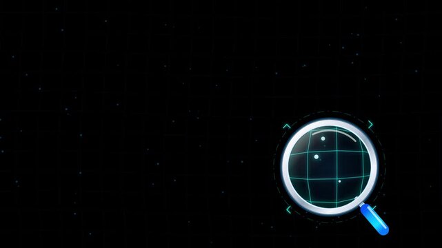 Futuristic magnifying glass scanning digital grid background in deep space motion graphics for cybersecurity data analysis and high tech visualization footage.