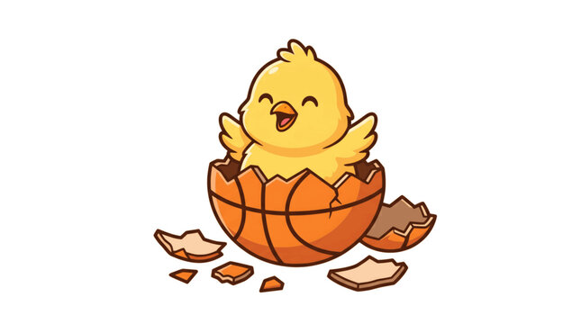 Adorable Baby Chick Hatching from Cracked Basketball Cartoon Vector