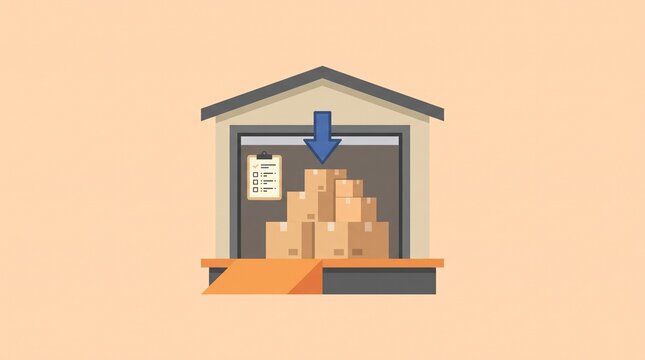 Warehouse receiving area with incoming boxes and checklist, representing goods intake, shipment inspection, stock arrival, inventory updates, and logistics operations.