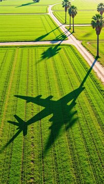 Airplane shadow flying over lush green agricultural fields and winding dirt roads with palm trees