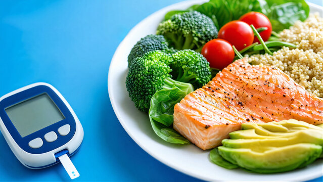 Glucometer with healthy food plate of salmon, broccoli, avocado, tomato and quinoa on blue background. Diabetic nutrition and blood sugar control