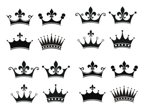Black Silhouette Royal Crown Vector Icon Collection For Luxury Branding
