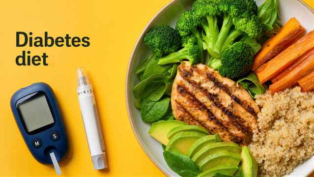 Diabetes diet concept with glucometer and insulin pen near plate of healthy food with grilled chicken breast, broccoli, carrot, avocado and quinoa on yellow