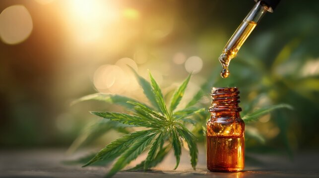 Cannabis Oil Extraction in Dropper Bottle with Leaf and Sunlight