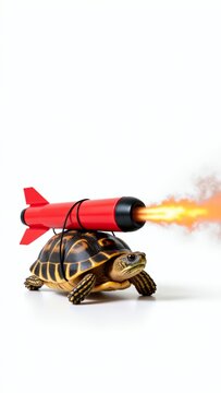 Turtle with a rocket strapped to its shell, igniting for propulsion, symbolizing speed, ambition, and overcoming slowness