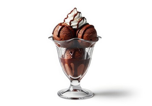 Chocolate dessert with whipped cream in a glass cup isolated on white background