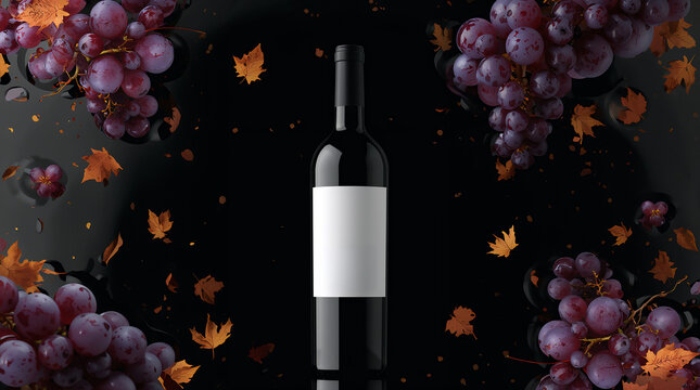 Modern Wine Label Design Mockup on a Sleek Surface With Grapes and Leaves Around It